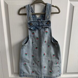 GAP Light Blue Denim Overall Dress with Red & Green Cherry Embroidery